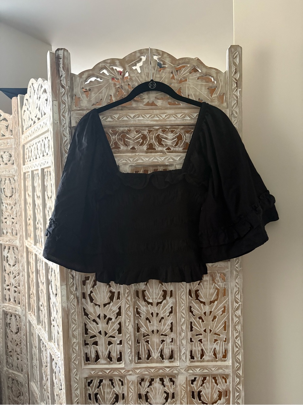 Free People Black smocked Square-Neck Top with wide sleeves
